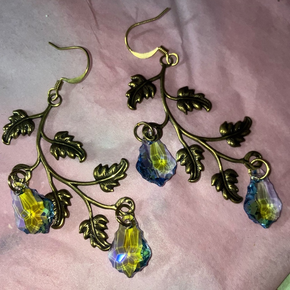 Swarovski Elegant Gold (brass) Leaf Earrings with Blue AB Crystals